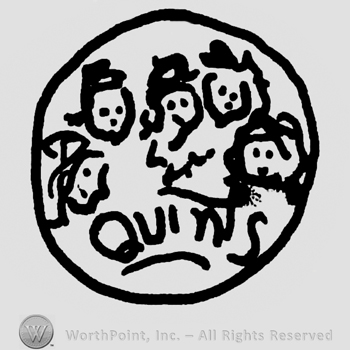 Circle with five stylized human faces, Quinis written with uppercase letters