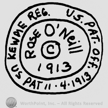 Kewpie Reg. US. Pat. Off written with uppercase letters on the outside line of a circle in which is written Rose O'Neill with uppercase letters, the Copyright symbol and year 1913
