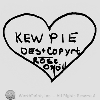 Kewpie Des+Copyrt Rose O'Neill written with uppercase letters inside a heart