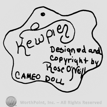 Kewpie handwritten, Designed and Copyright by Rose O'Neill with lowercase letters, Cameo Doll written below with uppercase letters all inside a flower-like design