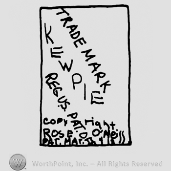 Trade Mark Kewpie Reg. US. Pat written on diagonal inside a rectangle, Copyright Rose O'Neill Pat. Mar.written below with small uppercase letters