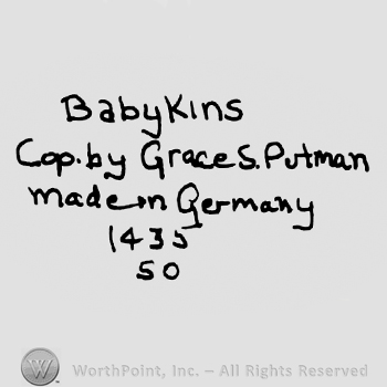 Baby Kins with lowercase letters over Cop.By Grace S Putman Made in Germany written with lowercase letters, numbers 1435 over uppercase SO