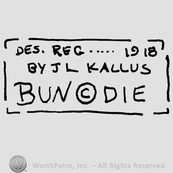 Des. Reg. 1918 by J.L.Kallus Bundie and the copyright symbol, all with uppercase letters inside a rectangle