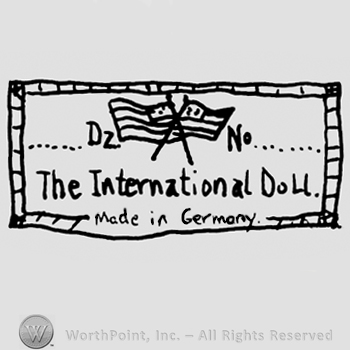 Two crossed US banners, The International Doll written below with lowercase letters, all inside a rectangular shape