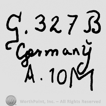 Capital handwritten G, number 327, capital handwritten B, Germany handwritten with lowercase letters, uppercase A, number 10 and uppercase M