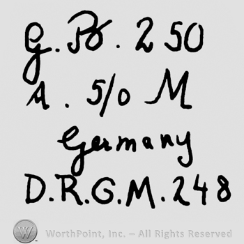 Uppercase handwritten G.B., number 250, uppercase A, numbers 5/0, uppercase M, Germany written with lowercase letters, uppercase D.R.G.M. And number 248