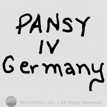 Pansy with uppercase letters, number 4 in Roman writing, Germany written below with lowercase letters