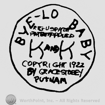 Bye-Lo Baby with uppercase letters, uppercase K and K in the centre, Reg.US. Patent Copyright 1922 by Grace Stobey Putnam written with uppercase letters