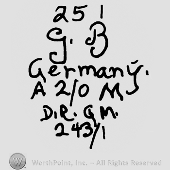 Number 251 over uppercase handwritten G.B. Germany, uppercase A, 2/0 and uppercase M over D.R.G.M. And 243/1