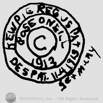 Kewpie Reg. US Pat Des Pat. 11.4.1913 written with uppercase letters around a circle with uppercase C in the centre and Rose O'Neill written with uppercase letters, year 1913 unde the letter C