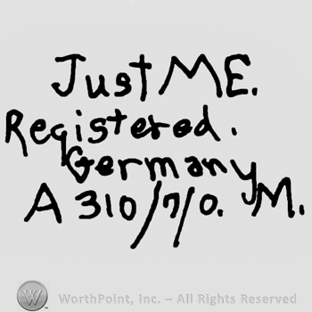 Just Me Registered Germany with lowercase letters, uppercase A and M and numbers 310/9/0 in between the letters