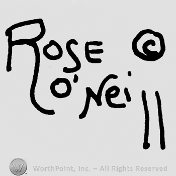 Rose O'Neill written with asimetric uppercase letters, the Copyright symbol in the right corner of the design
