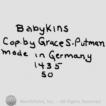 BabyKins Copr. By Grace S. Putnam Made in Germany written with uppercase letters, numbers 1435 and 50