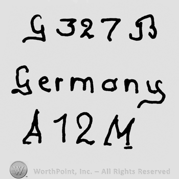 Uppercase handwritten G, number 327, uppercase handwritten B over Germany written with lowercase letters, uppercase A, number 12 and uppercase M
