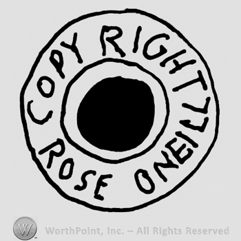 Copyright Rose O'Neill written with uppercase letters on the edge of a double circle; back sphere in centre