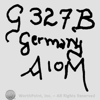Uppercase handwritten G followed by number 327 and uppercase handwritten B, Germany written with lowercase letters over uppercase A, number 10 and uppercase M