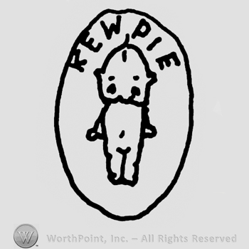 Kewpie with uppercase letters over standing baby, all inside an oval