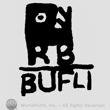 Stylized head with large teeth over uppercase RB, Bufli written below with uppercase letters