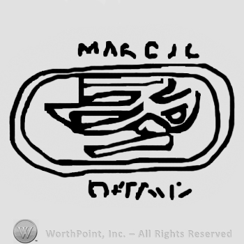 Uppercase Marcil written over a complex design inside an oval, undescifrable writing below