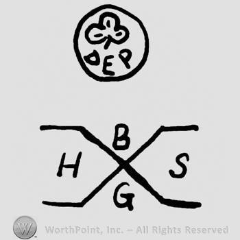 Three-leaf clover and uppercase DEP inside a circle, crossed lines with uppercase HBGS below