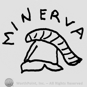 Minerva written with uppercase letters over a knight's helmet with feather