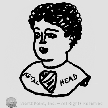 Human figure with short curly hair, Metal Head written on his shoulders, shield between these words
