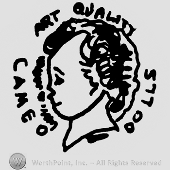 Baby boy's head in profile, Cameo Dolls Art Quality written around it with uppercase letters