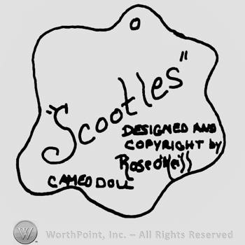 Scootles written with lowercase letters between quotation marks, Designed and Copyright by Rose O'Neill Cameo Doll written below with uppercase letters, all inside a flower-like design