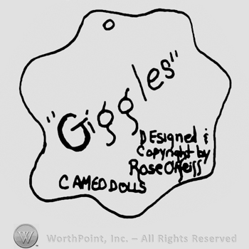 Giggles handwritten with lowercase letters between quotation marks, Designed Copyrighted by Rose O'Neill Cameo Dolls written below with uppercase letters all inside a flower-like design