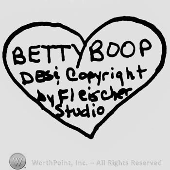 Betty Boop written with uppercase letters over Des Copyright by Fleischer Studio also written with uppercase letters