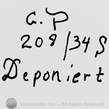 Uppercase handwritten CP, number 208/34 and uppercase S, Deponiert written below with handwritten lowercase letters