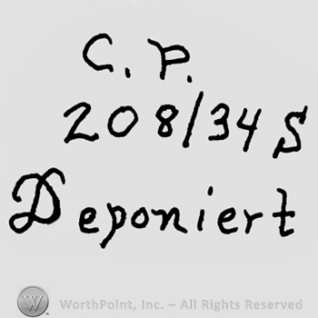 Uppercase handwritten CP, number 208/34 and uppercase S, Deponiert written below with handwritten lowercase letters