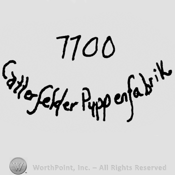 Number 1100 over Catterfelder Puppenfabrik handwritten with calygraphic lowercase letters