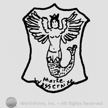 Mermaid with crown and wings, Marke Wassennike written with uppercase letters below, all on a shield