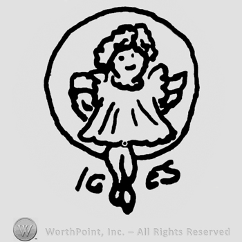 Baby angel sitting on a circle, number 16 on the left and uppercase ES on the right