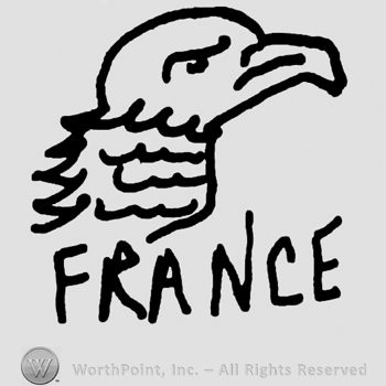 Eagle head in profile, France written below with uppercase letters