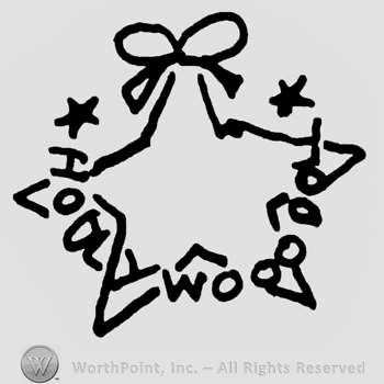 Star with bow above, Hollywood written around the star with uppercase letters with two small start at the beginning and the end of the word