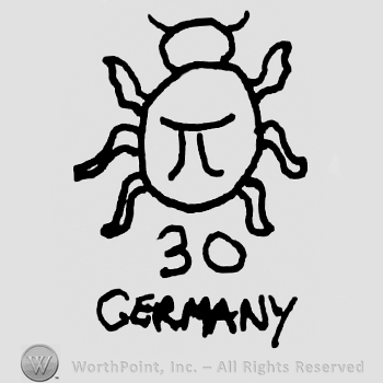Stylized insect with greek letter PI written on it's back, number 30 and Germany written below with uppercase letters