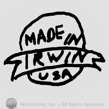 Made in USA written with uppercase letters on a sylized globe, Irwin written with uppercase letters on a ribbon place on the globe