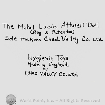 The Mabel Lucie Attwell Doll (Reg.&Patented) Sde makers Chad Valley Co. Ltd written with lowercase letters over Hygienic Toys Made in England by Chad Valley Co. Ltd also written with lowercase letters except the name of Chad Valley