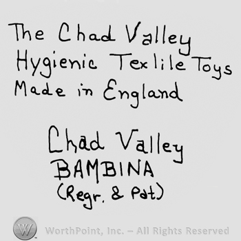 The Chad Valley Hygienic Textile Toys Made in England written with lowercase letters over Chad Valley with lowercase letters, Bambina with uppercase letters and Regr.&Pat. With lowercase letters inside