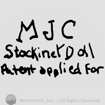 Uppercase MJC over Stockinet Doll Patent applied for written with lowercase letters