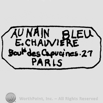 Aunain Bleu E. Chauviere written with uppercase letters, Bould des Capucines 27 with lowercase letters, Paris with uppercase letters, all inside a rectangular-shaped design