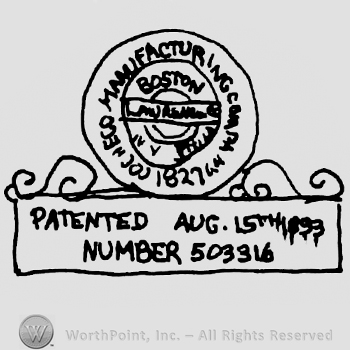 Round design standing on a rectangular stand, Cocheco Manufacturing Company written with uppercase letters around the circle, Patented Aug. 15th 1893 Nuber 503316 written with uppercase letters on the rectangular sign