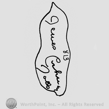 Number 813 over Dewes Cochran Dolls handwritten with lowercase letters, inside an oval waved design