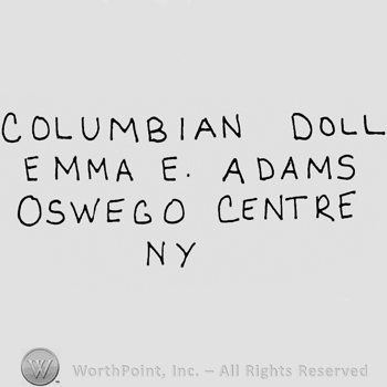 Columbian Doll Emma E. Adams Oswego Centre NY written with uppercase letters