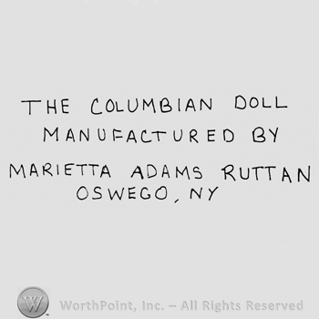 The Columbian Doll Manufactured by Marietta Adams Ruttan Oswego NY written with uppercase letters