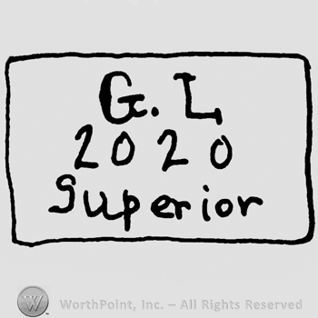 Uppercase GL, number 2020, Superior written below with lowercase letters, all inside a rectangle