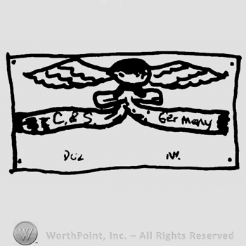 Baby with wings holding two ribbons on which is written uppercase C&S on the left ribbon and Germany with lowercase letters on the right ribbon