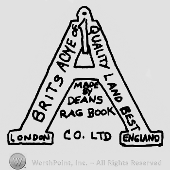 London British Acme Quality Land Best England written with uppercase letters over capital letters A, Made by Deans Rag Book Co. LTD written with uppercase letters